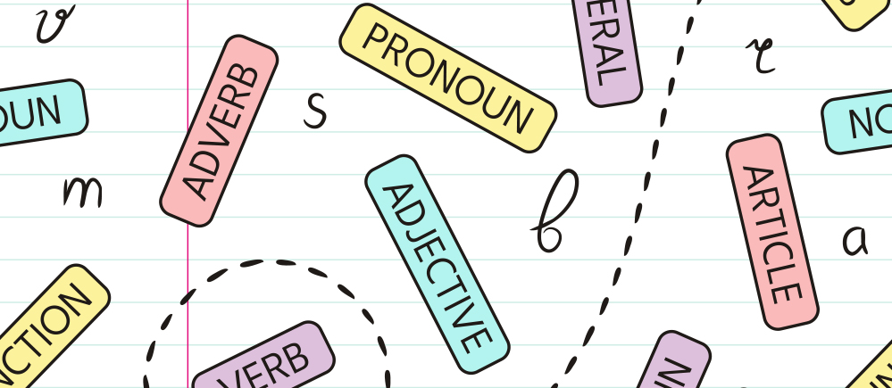 Illustration of varous parts of speech on a ruled paper background.