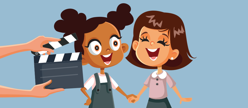 Illustration of two young girls holding hands and smiling. Two arms are holding a film slate coming out of the left of the illustration.