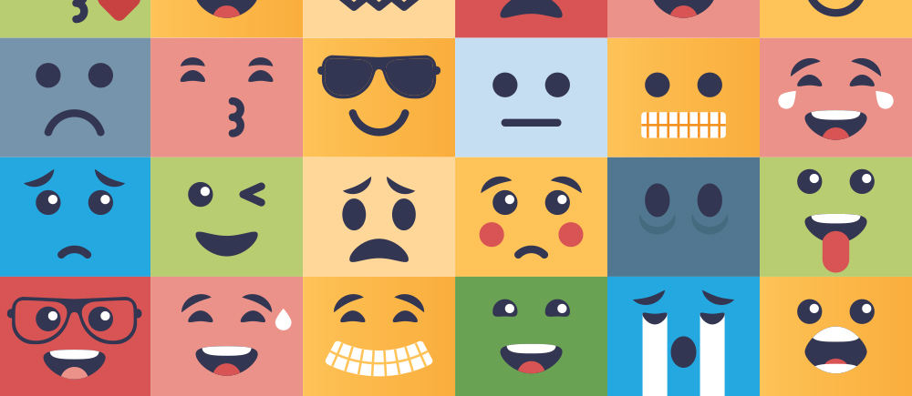 Illustrated cartoon faces showing different emotions.