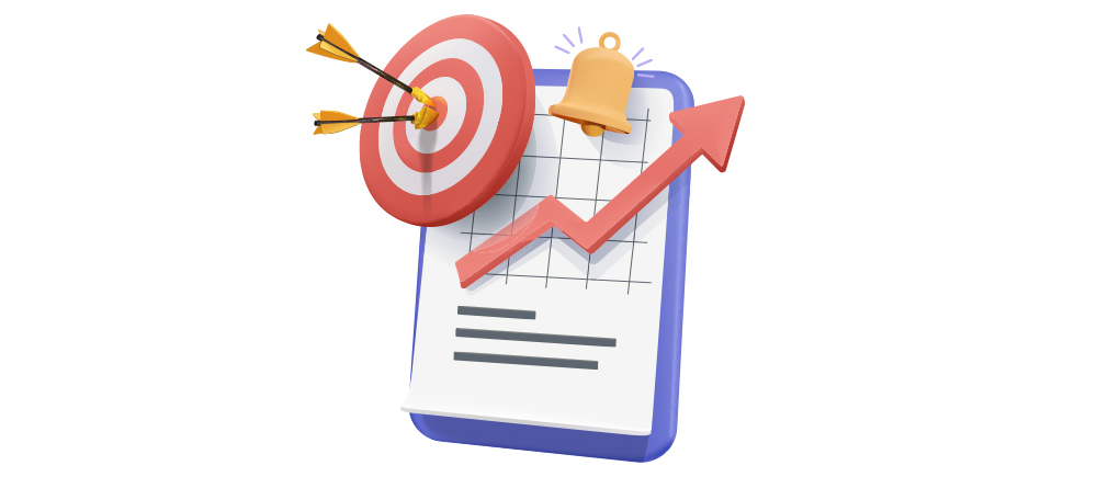 3d illustration of a a day planner with a bullseye target, notification bell, and productivity graph with an arrow showing rising metrics.